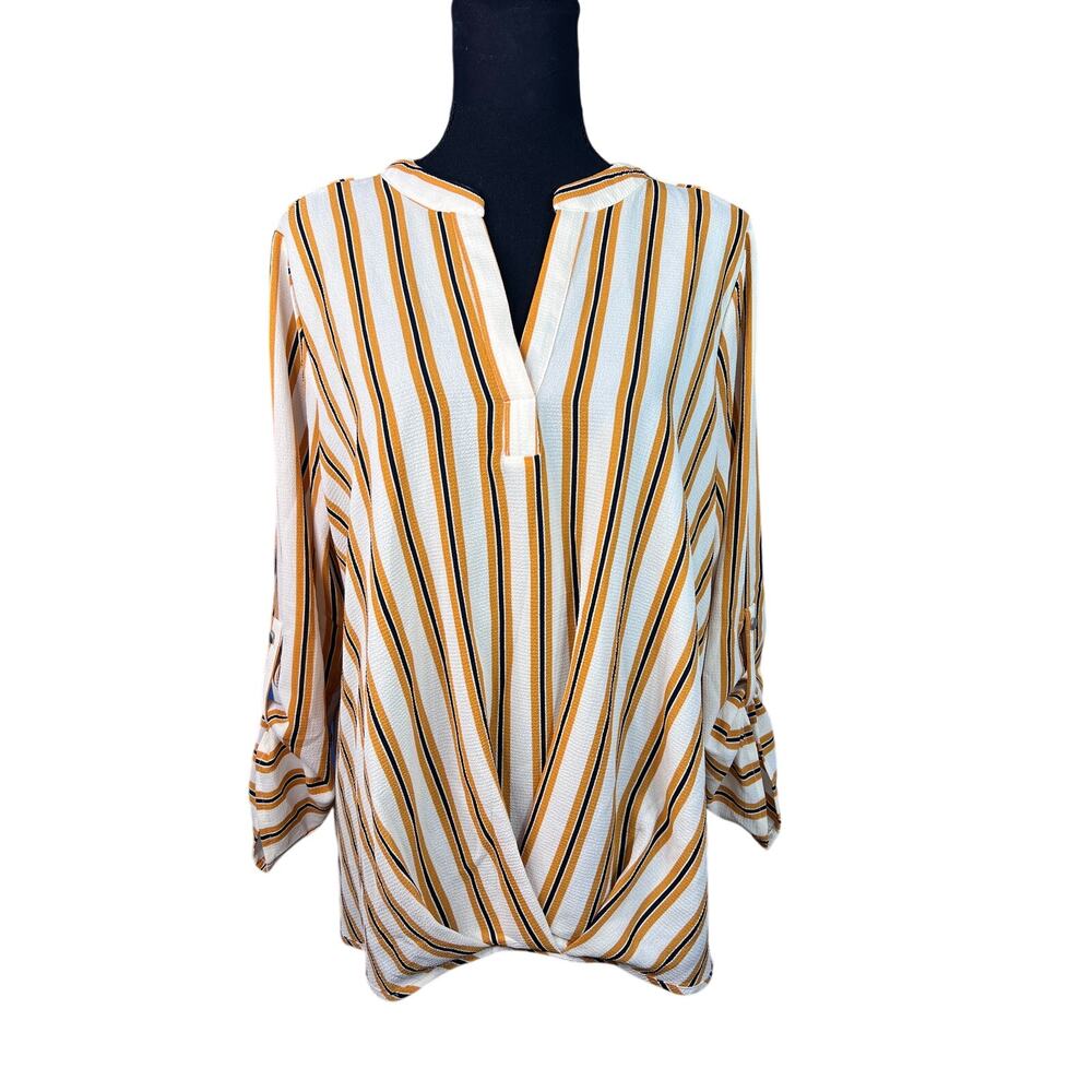 Always Indigo Striped Wrap Blouse Women 1X Mustard Surplice Top Roll Tab Sleeve